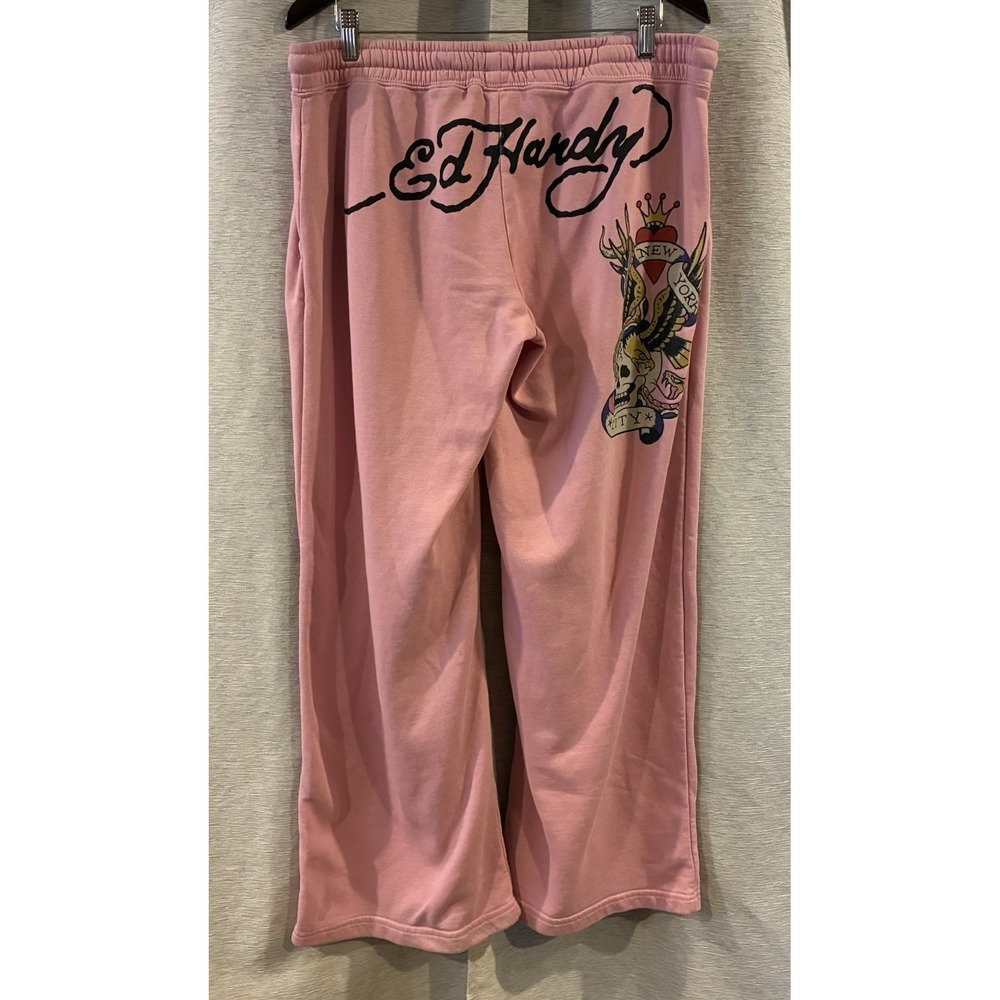 Ed Hardy Women's XL Bubblegum Pink Cotton Wide Leg Sweatpants Skull Graphic